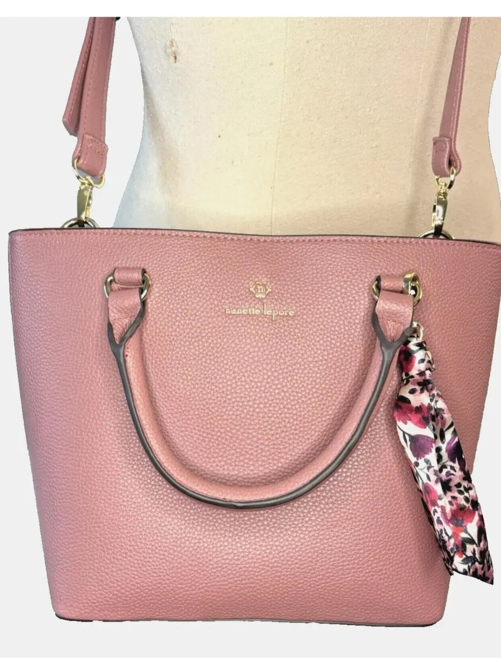 Nanette Lepore Dusty Pink Pebbled Leather Tote with Scarf Charm NWT